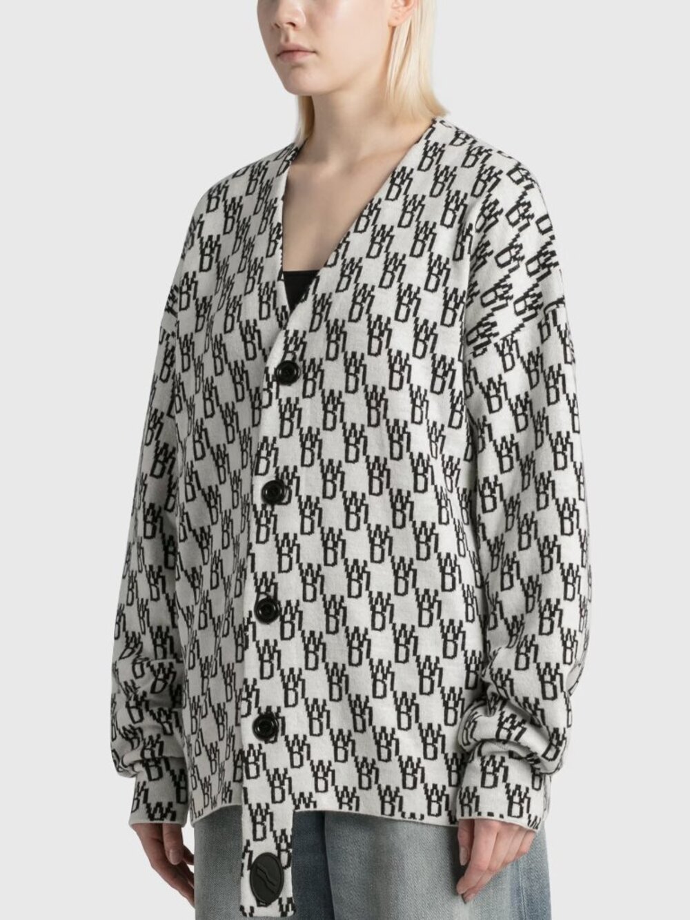 WE11DONE WD1 White Black Logo Wool Cashmere Jacquard Cardigan Sweater, Size S - Picture 2 of 16
